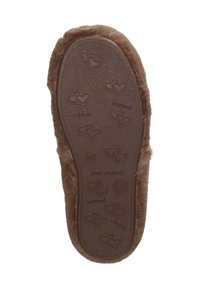 Brown slipper sole with a textured rubber bottom featuring a heart pattern. The upper part has a soft, fuzzy texture along the edges.