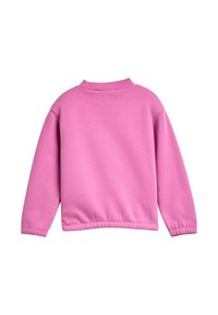Vaatehuoneessa vaaleanpunainen Collegepaita, jossa on pyöreä pääntie, pitkät hihat ja ribbireunat. Pehmeä rakenne ja joustava helma alhaalla. Yksinkertainen, yksivärinen design.