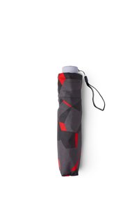 Foldable umbrella with a geometric gray and red pattern, featuring a black wrist strap and a white handle. Compact for easy carrying.