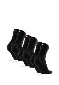 Calcetines de algodón negros, de longitud tobillo, con puños acanalados y un pequeño logo de color en cada calcetín. Cinco pares dispuestos en una fila.