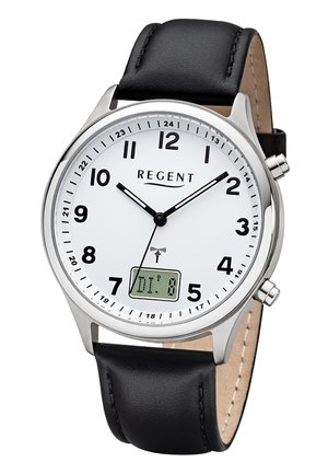 Montre analogique avec cadran blanc, bracelet en cuir noir, boîtier en argent, affichage numérique de la date, et aiguilles des heures, minutes et secondes noires indiquant 10:10:36.