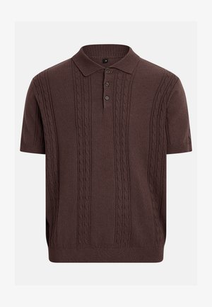 Tricou polo maro cu mâneci scurte, tricotat, cu dungi verticale în model cablu și patru nasturi, mărimea medie.