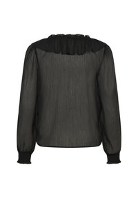 Zwarte transparante blouse met lange mouwen, gerimpelde kraag, gestructureerde stof en smockmanchetten. Eenvoudig ontwerp met een relaxte pasvorm.