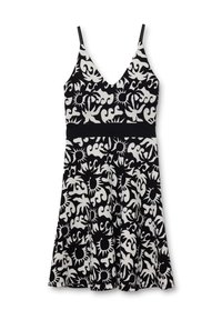 Vestido en blanco y negro con escote en V, tirantes finos y falda acampanada. Presenta un patrón en espiral con motivos de sol y olas.
