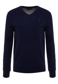 Navy blue V-neck long-sleeve sweater with subtle logo embroidered on the left chest, ribbed cuffs, and hem.