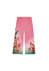 Ružičaste hlače širokih nogavica s ilustracijom žirafe i cvjetnim uzorcima u živopisnim bojama, s elastičnom sredinom za udobnost.