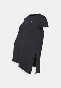 Camiseta premamá negra, con mangas cortas, aberturas laterales y un pequeño logo en el pecho. Confeccionada con una tela ligera y elástica.