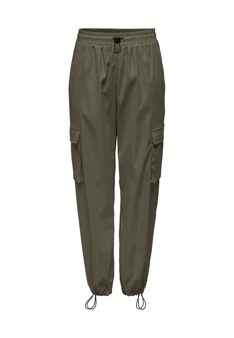 Olijfgroene cargobroek met een elastische tailleband, een trekkoord en twee zijzakken; slim fit pijpen met elastische boorden. Glad stoffen textuur.