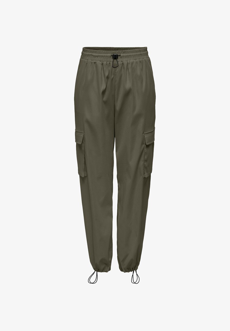 Olijfgroene cargobroek met een elastische tailleband, een trekkoord en twee zijzakken; slim fit pijpen met elastische boorden. Glad stoffen textuur.