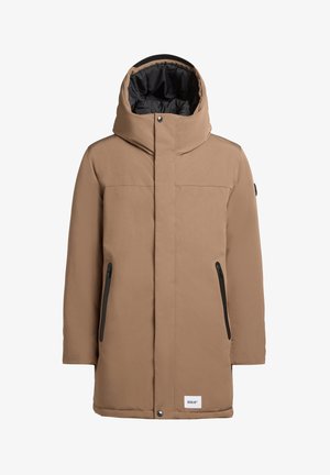 Beige Außenjacke mit hohem Kragen, großer Kapuze und zwei seitlichen Reißverschlusstaschen. Sie zeichnet sich durch eine glatte Textur und schwarze Innenseite aus.