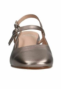 Metaalachtige bronzen platte schoenen met een ronde neus, enkelbandje en gespdetail. Gladde textuur en minimalistisch ontwerp.