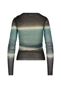 Maglietta a manica lunga realizzata in tessuto rete leggero, con una sfumatura che va dal teal al nero, caratterizzata da sottili motivi ondulati e un design aderente.