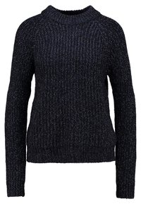 Marinblauer Strickpullover mit strukturiertem Design, Rundhalsausschnitt und langen Ärmeln. Verfügt über einen gerippten Saum und einen leicht lockeren Schnitt.