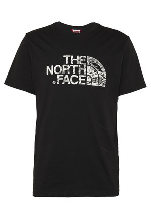 Czarny T-shirt z krótkim rękawem z napisem "THE NORTH FACE" i stylizowanym półkopułowym logo w białym kolorze z topograficznym wzorem z przodu.