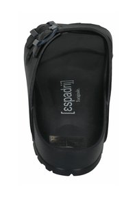 Black espadrille sandal with a textured footbed, curved edges, and a decorative buckle. Brand logo displayed on the footbed.