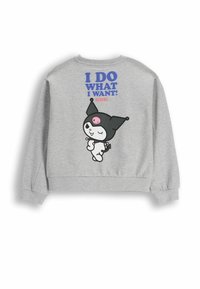 Szara bluza z długimi rękawami. Na plecach napis "I DO WHAT I WANT!" oraz postać z kreskówki w czarnym kapeluszu i różowymi akcentami.