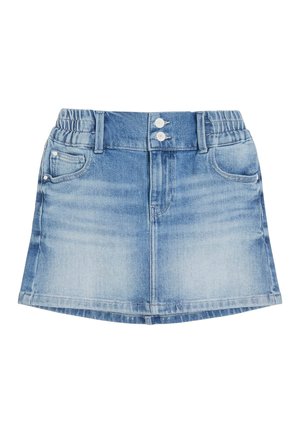 Jupe en denim bleu clair avec ceinture élastique, deux poches avant, passants pour ceinture et fermeture à double bouton.
