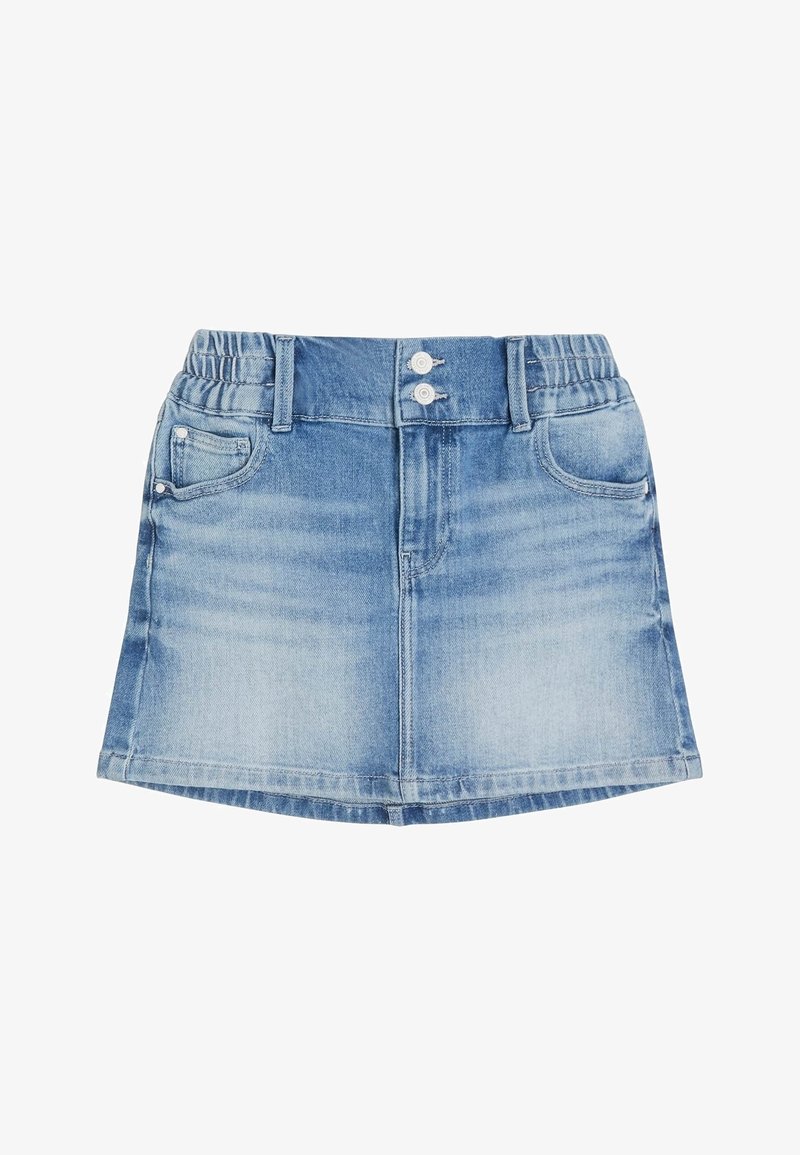 Jupe en denim bleu clair avec ceinture élastique, deux poches avant, passants pour ceinture et fermeture à double bouton.