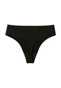 Zwarte stringonderbroek met een gladde stoftextuur en een naadloos ontwerp met een minimalistische snit. Ontworpen voor comfort en subtiliteit.