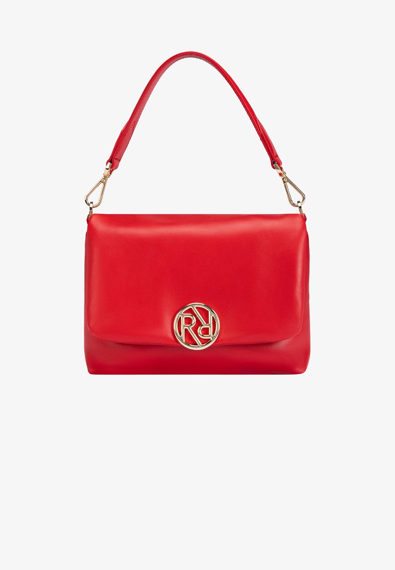 Red leather handbag with a smooth texture, featuring a gold circular logo on the front and a short, curved shoulder strap.