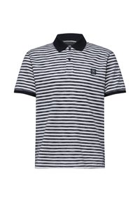 Polo homme rayé horizontal noir et blanc avec col noir, patte de boutonnage et petit patch logo sur la poitrine.