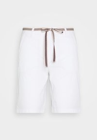 Hvide bomulds shorts med en vævet talje med et rødt og blåt fiskebensmønster. Klassisk snit med et fladt frontdesign.