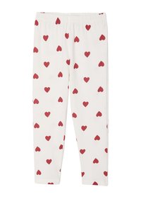Cotton leggings in white with a repeated red heart pattern, featuring an elastic waistband for comfort and fitted ankle length.