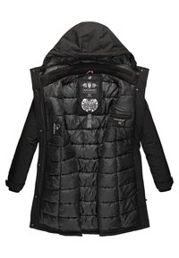 Black padded jacket with a hood, featuring quilted texture, multiple interior pockets, and a smooth finish. Brand label visible on the inside.