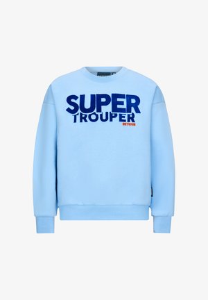 Jasnoniebieska bluza z napisem „SUPER TROOPER” w ciemnoniebieskim i pomarańczowym kolorze. Posiada okrągły dekolt i ściągacze na rękawach.