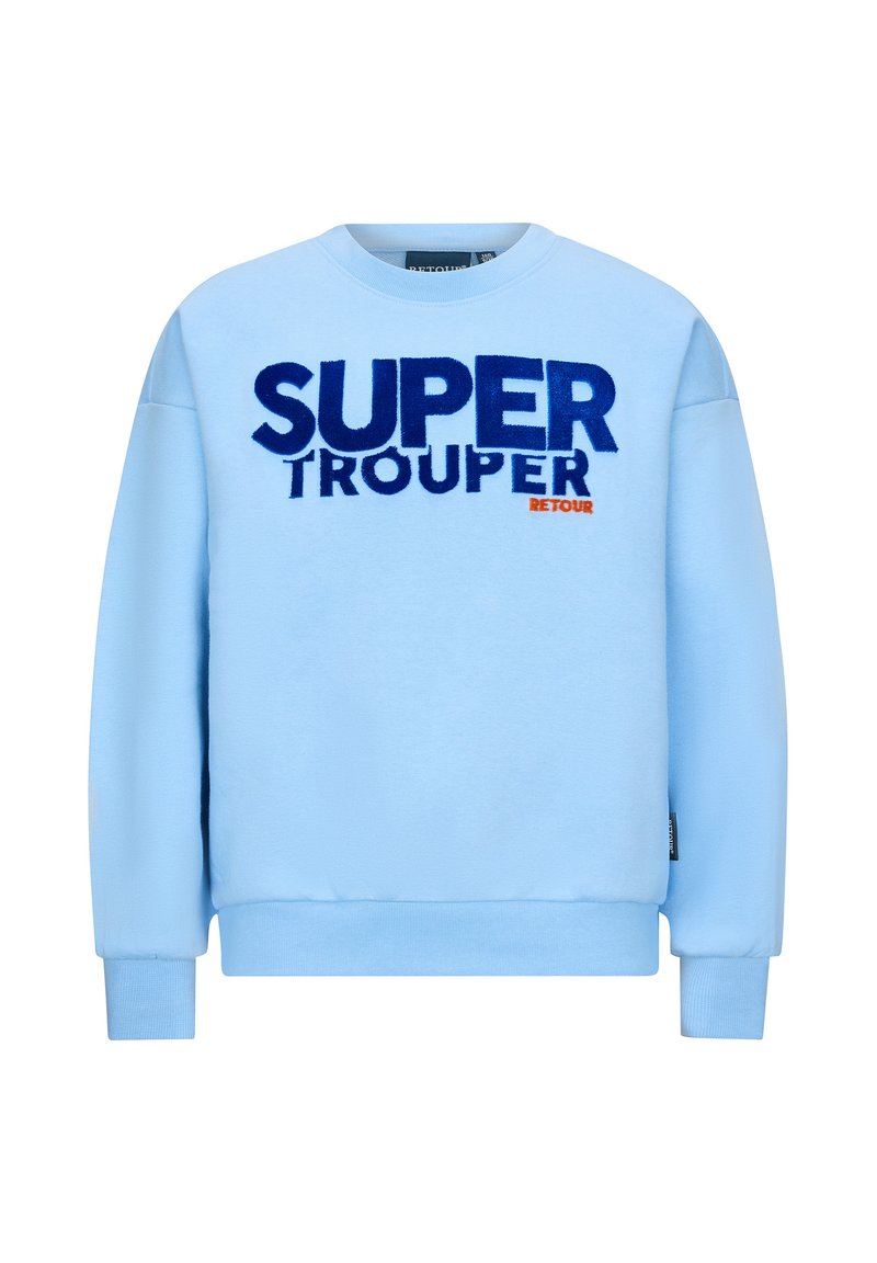 Helles blaues Sweatshirt mit Rundhalsausschnitt, das mit auffälligem, plüschigem "SUPER TROUPER"-Text in Dunkelblau und Orange versehen ist. Gerippte Bündchen und Saum.