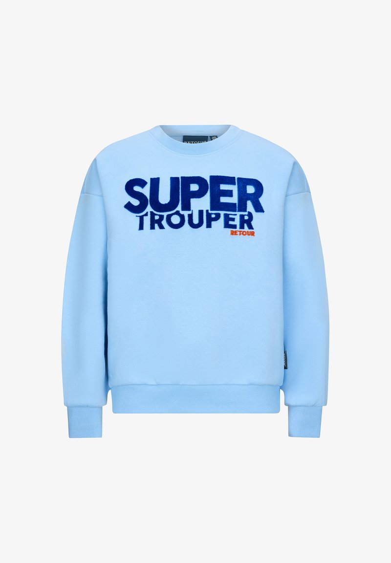 Felpa azzurra chiara con collo rotondo, caratterizzata da un audace e morbido testo "SUPER TROUPER" in blu scuro e arancione. Polsini e orlo a costine.