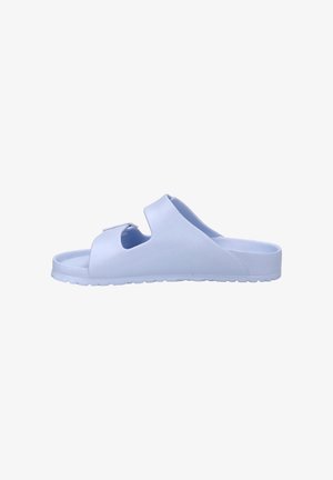 Hellblaue Rutschsandalen aus weichem Kunststoff, ausgestattet mit einem breiten, einzigen Riemen und einer strukturierten Laufsohle für besseren Halt. Keine zusätzlichen Beschläge oder Muster.