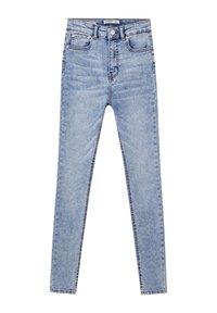 Jean taille haute en denim bleu clair. Coupe slim avec cinq poches, surpiqûres visibles, et fermeture à bouton et zip à l'avant.