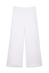 Laiad püksid tekstureeritud valgest kangast, kõrge vöökoht ja sirge, voolav siluett. Ilma nähtavate mustrite või riistadeta.