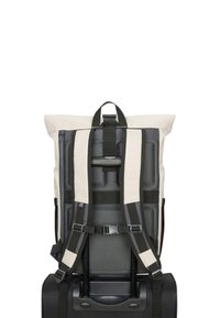 Sac à dos Rolltop beige avec panneau arrière en maille noire, bretelles réglables et matériel pour attacher à une valise.