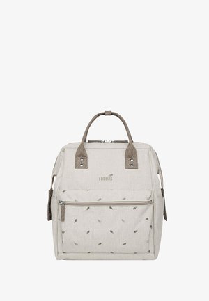 Light beige backpack with small brown leaf patterns, front zip pocket, and dark brown handles, branded "ENGELIS."