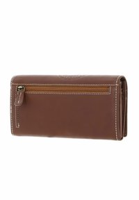Brown leather wallet with a smooth texture, features contrasting cream stitching, a zipper pocket on the back, and a fold-over design.