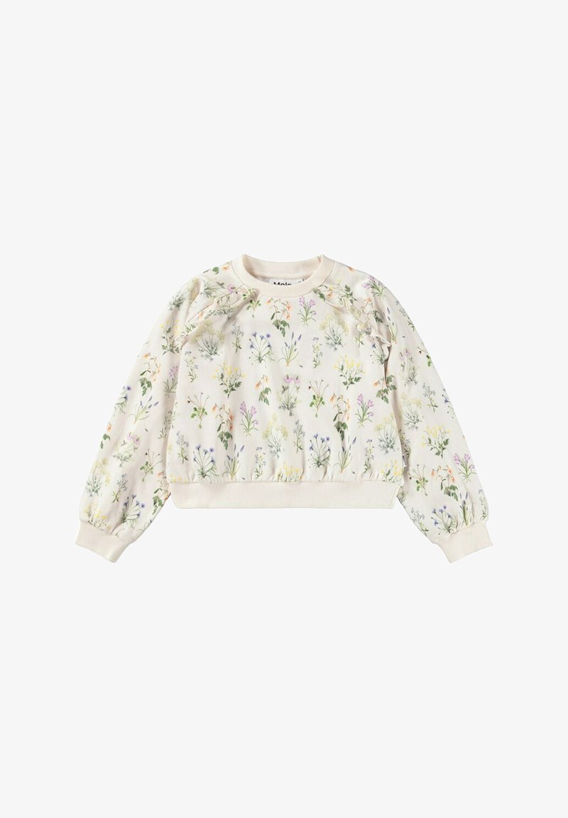 Sweatshirt en coton avec un motif floral dans des couleurs pastel. Il dispose d'un col rond, d'épaules froncées et de poignets et d'un ourlet élastiques.