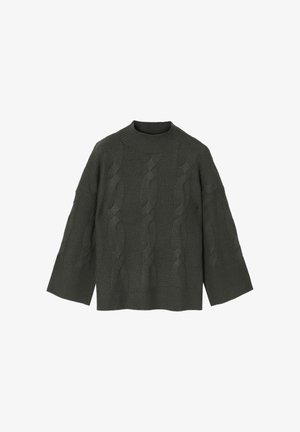 Maglione lavorato a maglia di colore verde scuro, con un collo alto, maniche larghe e motivi a treccia testurizzati che corrono verticalmente lungo la parte anteriore.