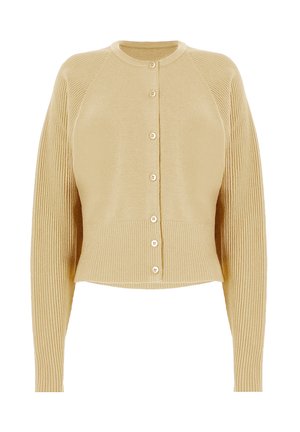 Gebreid vest in lichtbeige, met geribbelde structuur, lange mouwen, een ronde hals en zes knopen aan de voorkant.