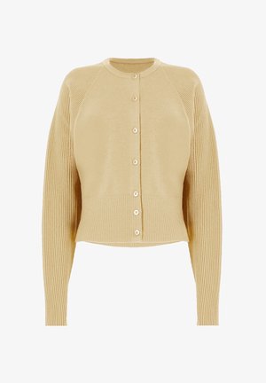 Gebreid vest in lichtbeige, met geribbelde structuur, lange mouwen, een ronde hals en zes knopen aan de voorkant.