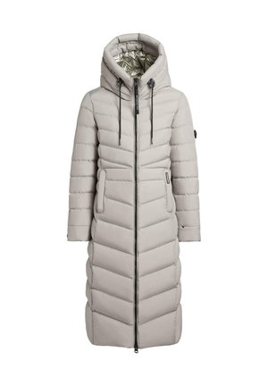 Lichtgrijze gewatteerde jas met capuchon, voorzien van een ritsluiting, twee voorzakken en een chevron-gestikte ontwerp. De binnenkant heeft een metallic voering.
