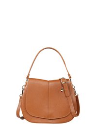 Tan leather handbag with a textured finish, curved shape, top handle, and adjustable shoulder strap featuring a small decorative charm.