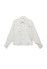 Camisa de botones a rayas en gris claro con dos bolsillos frontales, mangas largas y un dobladillo ligeramente corto. Fabricada con una tela suave y lisa.