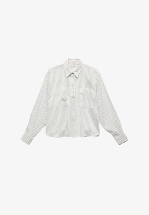 Vaaleanharmaa raidoitettu napitettava paita, jossa on kaksi etutaskua, pitkät hihat ja hieman lyhyt helma. Valmistettu pehmeästä, sileästä kankaasta.