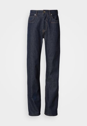 Jean en denim bleu foncé avec une coupe droite, présentant des surpiqûres cuivrées, un design à cinq poches, et une fermeture à glissière classique avec bouton.