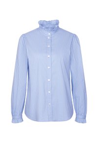 Blouse bleu clair à rayures verticales blanches, col montant à volants, devant boutonné, manches longues et poignets à volants.