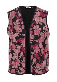 Blommig väst med rosa och vinröda blommor på svart bakgrund, öppen front, ärmlös design, med texturerat tyg och ett solitt mörkt foder.