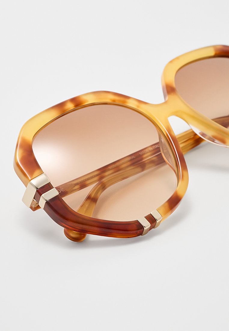 Braune Schildkrötensonnenbrille mit Verlaufsgläsern, hexagonaler Form, goldfarbenen Akzenten an den Schläfen und glatter Kunststoffoberfläche.