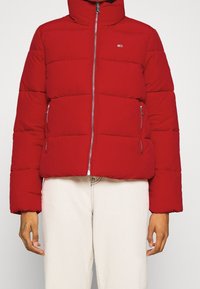 Giacca imbottita rossa con colletto alto, design a righe orizzontali, zip frontale e due tasche laterali. Texture morbida e materiale caldo.